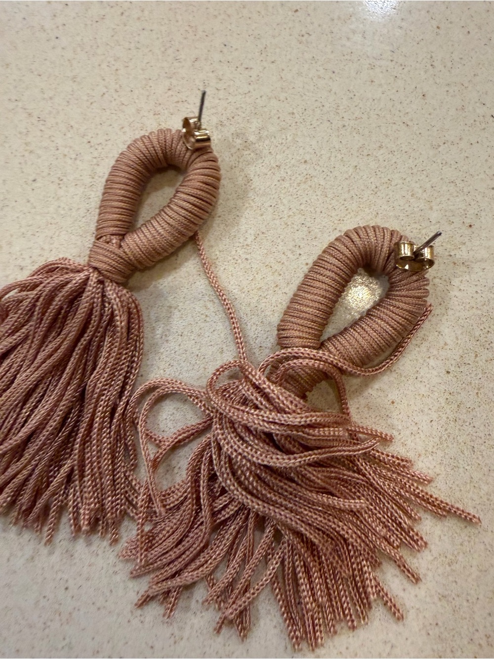 Beige Pink Wrapped Cord Statement Tassel Drop Earrings - Picture 3 of 7